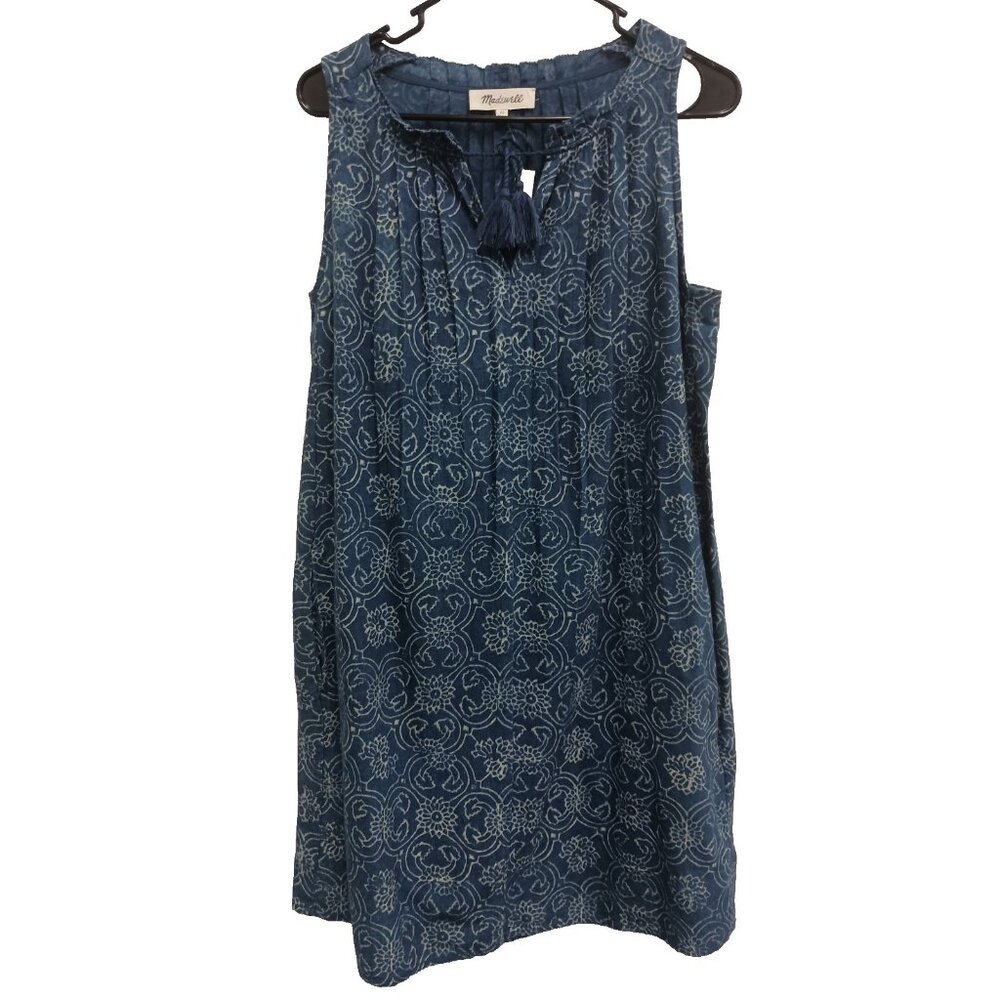 Madewell Women Mini Dress XS Blue Floral Tassel Tie Sleeveless Preppy Casual NEW